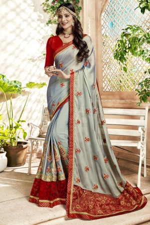 Admirable Grey Georgette Embroidered Saree With Banarasi Silk Blouse