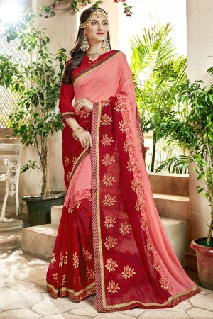 Supreme Peach and Red Georgette Embroidered Saree With Banarasi Silk Blouse