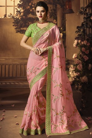 Supreme Pink Silk Embroidered Saree With Silk Blouse