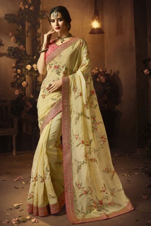 Pretty Cream Silk Embroidered Saree With Silk Blouse