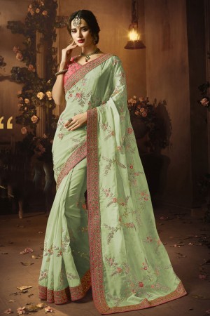 Optimum Green Embroidered Silk Saree With Silk Blouse