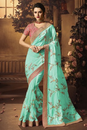 Lovely Sky Blue Silk Embroidered Saree With Silk Blouse