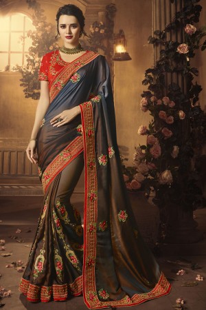 Gorgeous Grey Embroidered Silk Saree With Silk Blouse