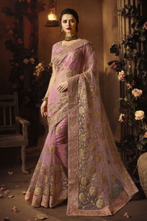 Excellent Pink Net Embroidered Saree With Silk Blouse