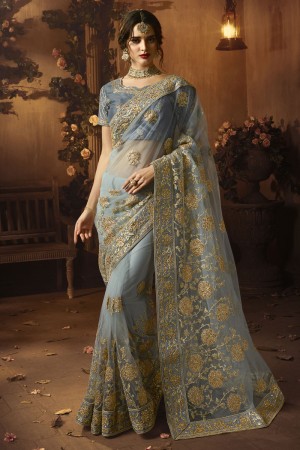Desirable Grey Net Embroidered Saree With Silk Blouse