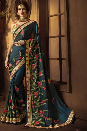 Beautiful Teal Silk Embroidered Saree With Silk Blouse