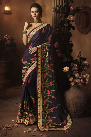 Admirable Purple Silk Embroidered Saree With Silk Blouse