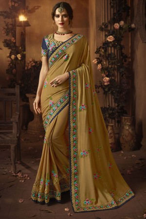 Stylish Beige Silk Embroidered Saree With Silk Blouse