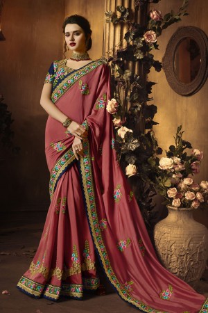 Gorgeous Peach Embroidered Silk Saree With Silk Blouse