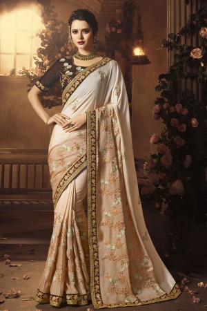 Charming Cream Silk Embroidered Saree With Silk Blouse