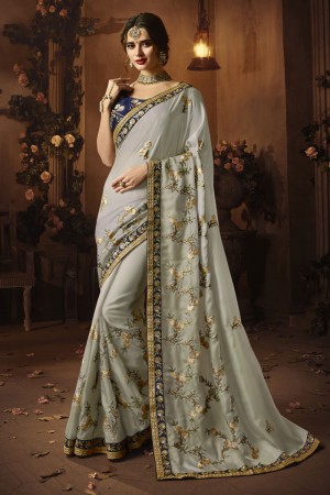 Lovely Grey Embroidered Silk Saree With Silk Blouse