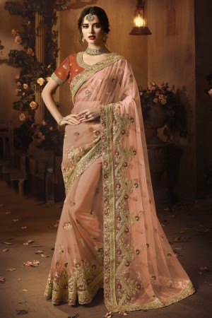 Ultimate Peach Net Embroidered Saree With Silk Blouse