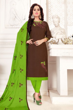 Lovely Brown Cotton Embroidered Designer Casual Salwar Suit With Nazmin Dupatta
