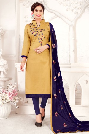 Admirable Golden Cotton Embroidered Designer Casual Salwar Suit With Nazmin Dupatta