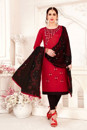 Charming Red Cotton Embroidered Designer Casual Salwar Suit With Nazmin Dupatta