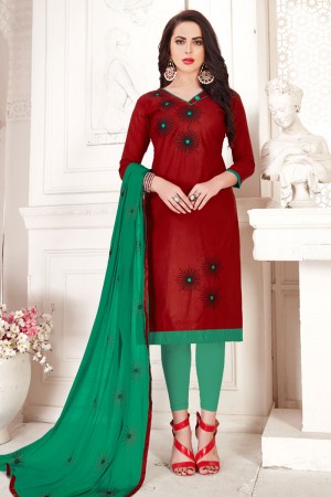 Classic Maroon Cotton Embroidered Designer Casual Salwar Suit With Nazmin Dupatta