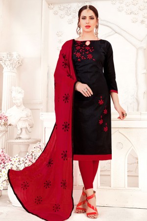 Ultimate Black Cotton Embroidered Designer Casual Salwar Suit With Nazmin Dupatta