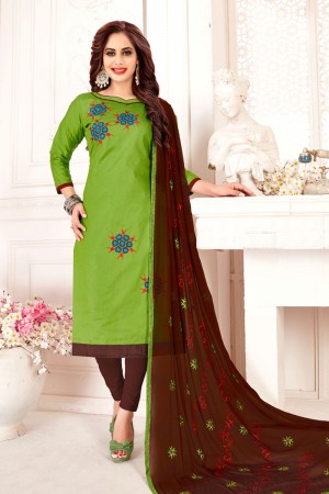 Gorgeous Green Cotton Embroidered Designer Casual Salwar Suit With Nazmin Dupatta