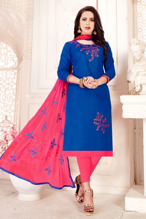 Graceful Blue Cotton Embroidered Designer Casual Salwar Suit With Nazmin Dupatta