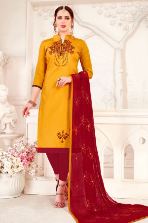 Pretty Yellow Cotton Embroidered Designer Casual Salwar Suit With Nazmin Dupatta