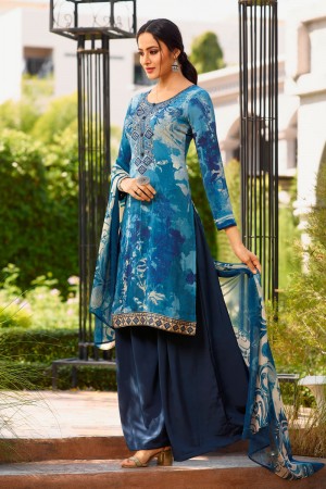 Lovely Blue Crepe Embroidered Designer Plazo Salwar Suit