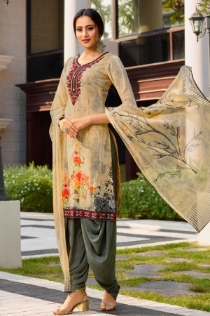Graceful Beige Crepe Embroidered Designer Patiala Salwar Suit