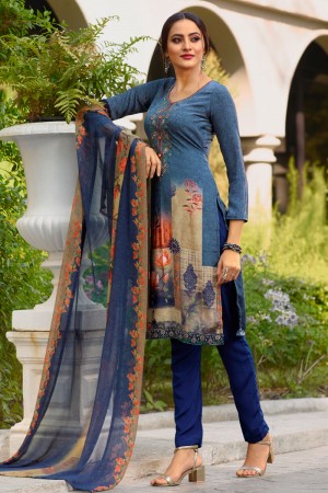 Graceful Blue Crepe Embroidered Designer Salwar Suit