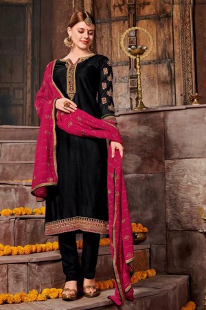 Pretty Black Satin and Georgette Embroidered Designer Salwar Suit