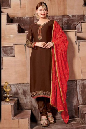 Supreme Brown Satin and Georgette Embroidered Designer Salwar Suit