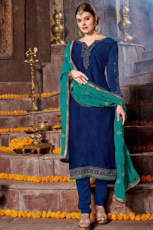 Gorgeous Blue Satin and Georgette Embroidered Designer Salwar Suit