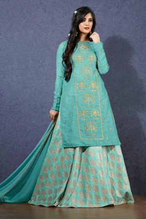 Desirable Aqua Satin Embroidered Designer Party Wear Lehenga Salwar Suit