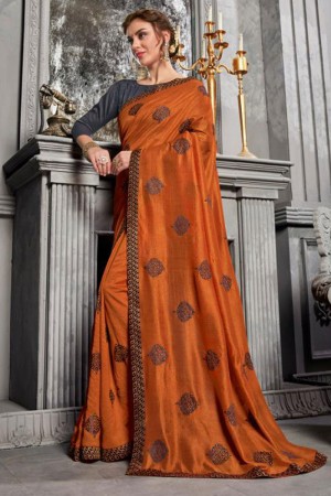 Charming Orange Jacquard and Silk Embroidered Saree With Art Silk Blouse