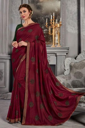 Desirable Maroon Jacquard and Silk Embroidered Saree With Art Silk Blouse
