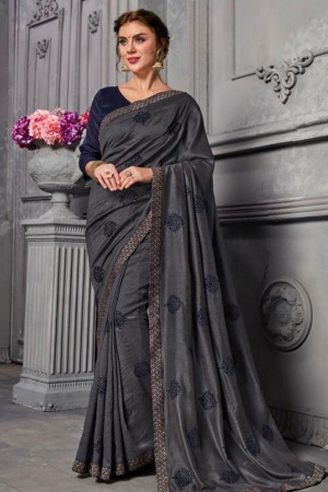 Stylish Grey Jacquard and Silk Embroidered Saree With Art Silk Blouse