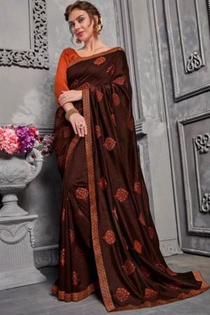 Lovely Brown Jacquard and Silk Embroidered Saree With Art Silk Blouse