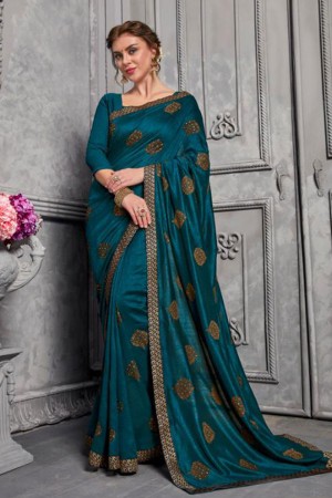 Classic Teal Jacquard and Silk Embroidered Saree With Art Silk Blouse