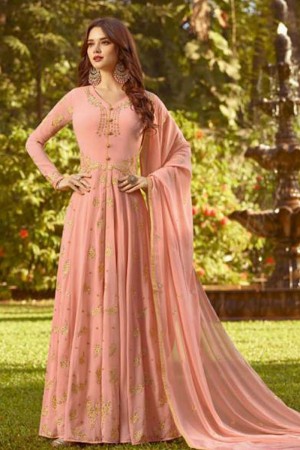 Pretty Peach Georgette Embroidered Designer Anarkali Salwar Suit