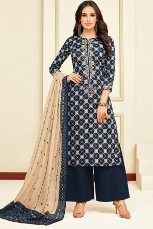 Supreme Navy Blue Chanderi Embroidered Designer Plazo Salwar Suit
