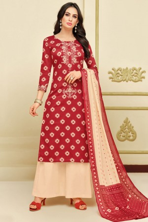 Pretty Red Chanderi Embroidered Designer Plazo Salwar Suit