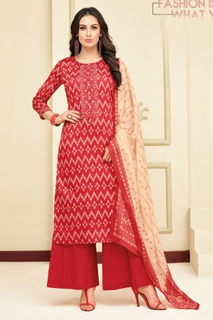 Charming Red Chanderi Embroidered Designer Plazo Salwar Suit
