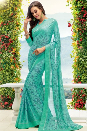 Lovely Turquoise Gerogette Embroidered Saree With Georgette Blouse