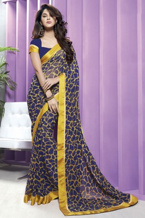Pretty Blue Gerogette Embroidered Saree With Georgette Blouse