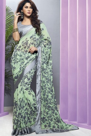 Optimum Green Gerogette Embroidered Saree With Satin Blouse