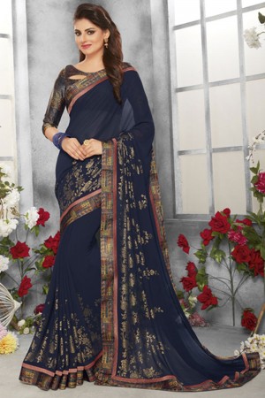 Ultimate Navy Blue Gerogette Embroidered Saree With Satin Blouse