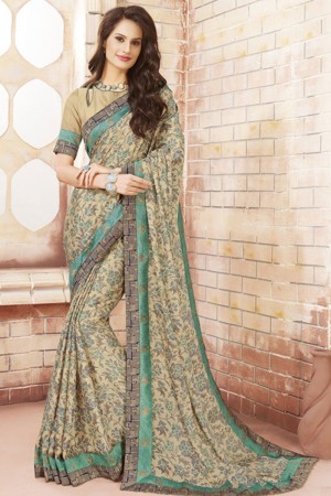 Classic Beige Gerogette Embroidered Saree With Satin Blouse