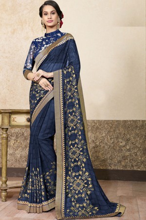Gorgeous Navy Blue Gerogette Embroidered Saree With Net Blouse
