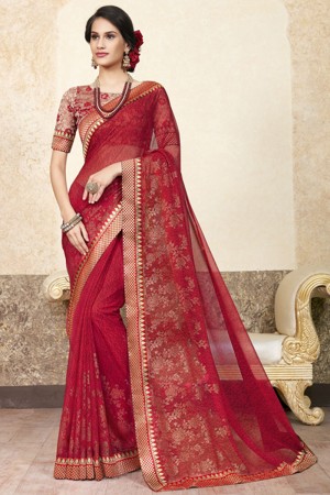 Excellent Red Gerogette Embroidered Saree With Net Blouse