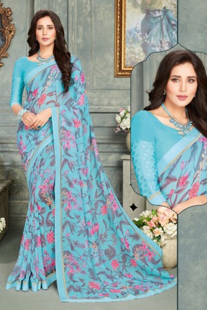 Ultimate Sky Blue Gerogette Embroidered Saree With Georgette Blouse