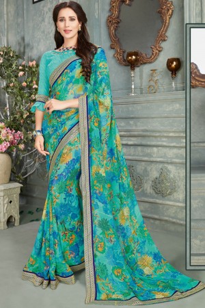 Supreme Turquoise Gerogette Embroidered Saree With Georgette Blouse