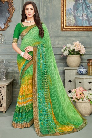 Gorgeous Green Gerogette Embroidered Saree With Georgette Blouse